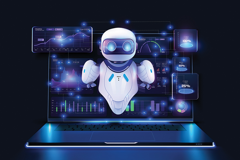 A futuristic laptop displays a friendly robot analyzing data, surrounded by graphs and statistics, symbolizing the integration of AI in policing for enhanced data insights and analytics.